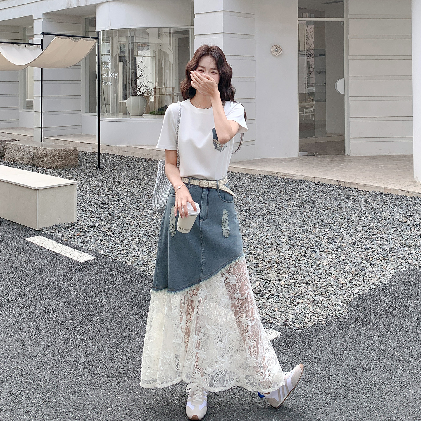 韩版甜酷休闲风夏日套装女2026新款拼色T恤蕾丝拼接牛仔裙两件套