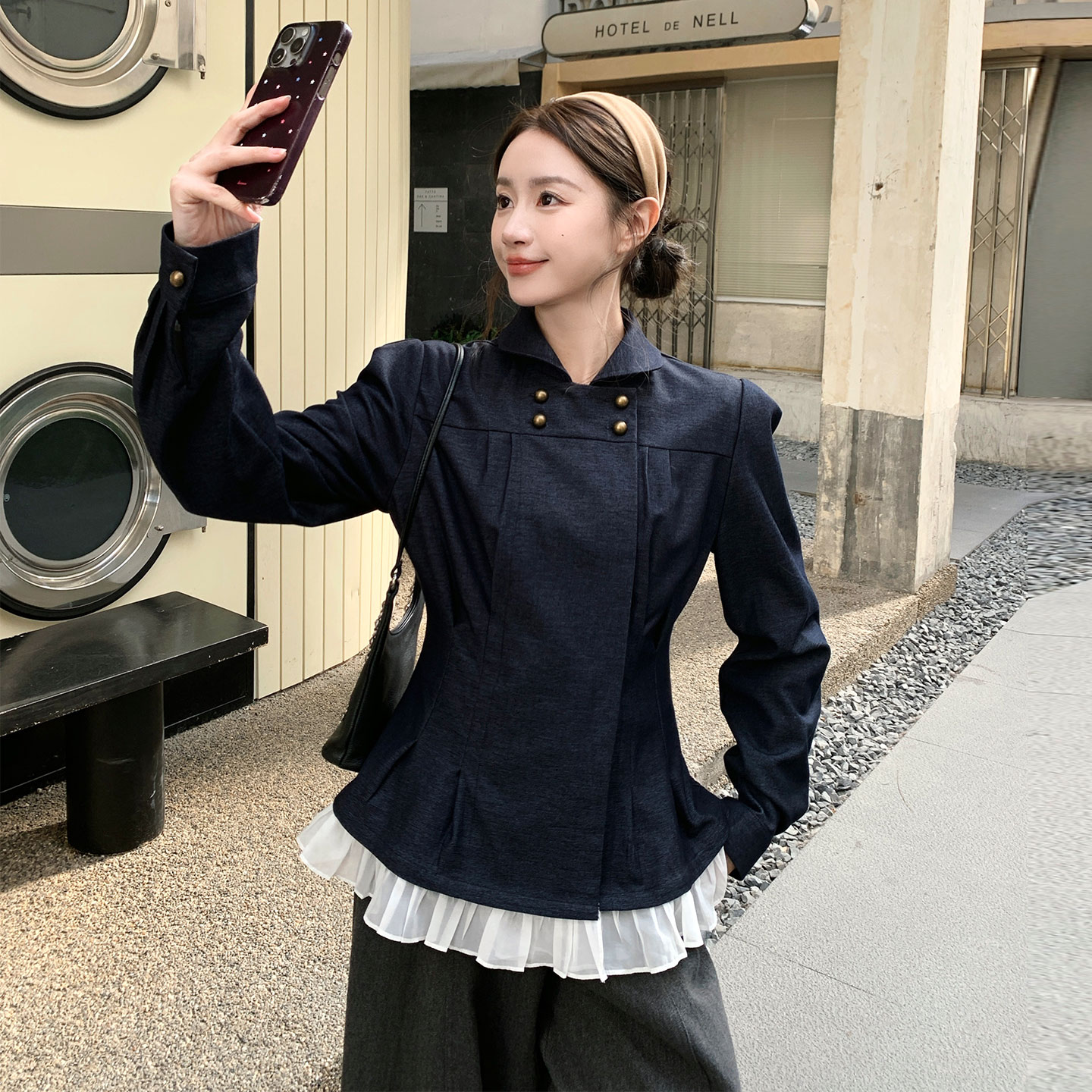 藏青色小个子又甜又酷休闲风外套2026新款设计感花边拼接牛仔衬衫