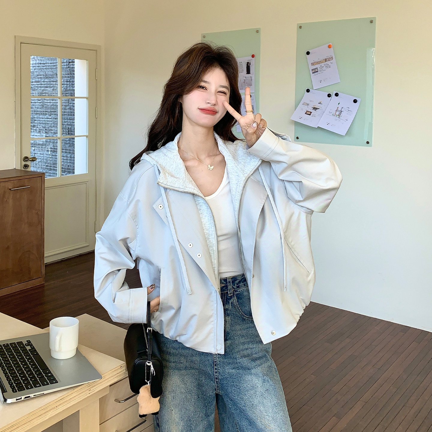 韩版早春减龄漂亮高级感外套女2026新款小个子穿搭连帽假两件上衣