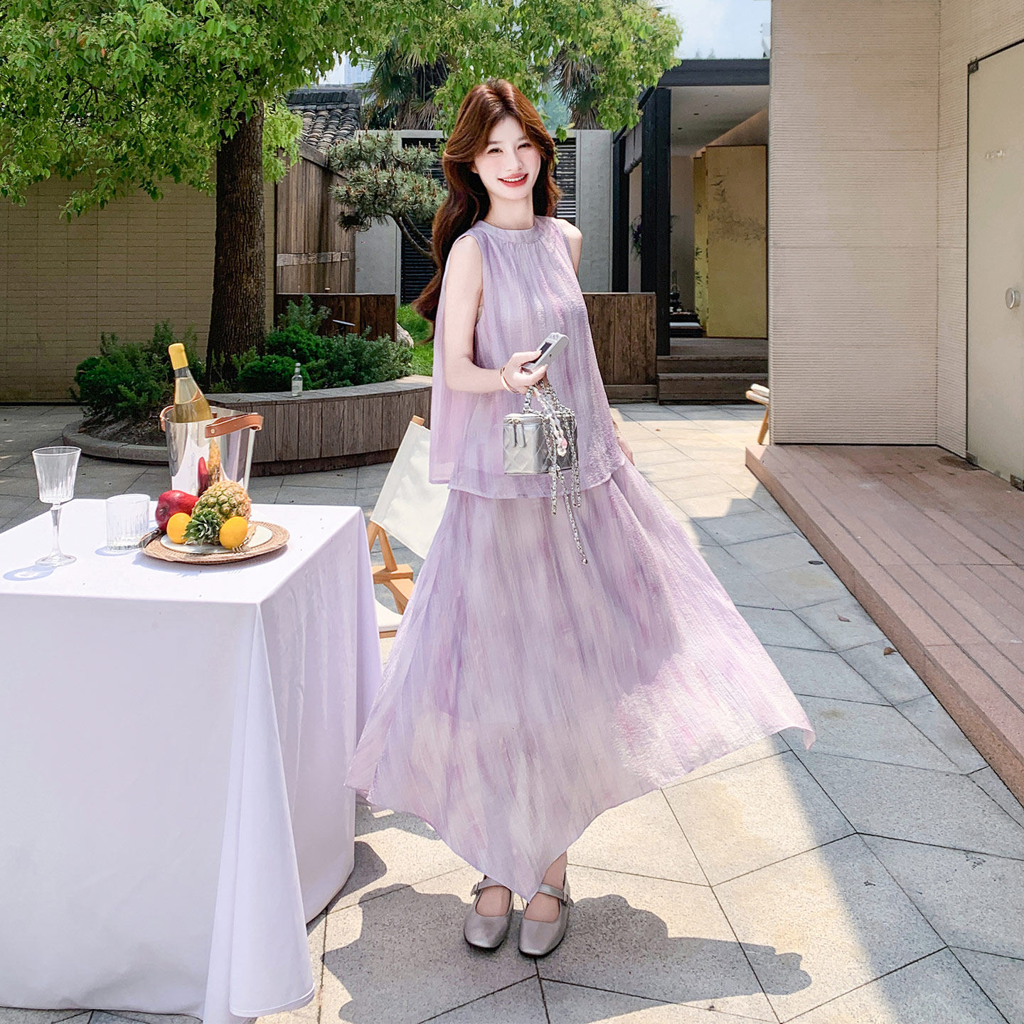 紫色温柔浪漫风扎染套装夏2026新款松弛感上衣不规则半身裙两件套