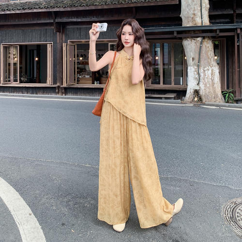 新中式休闲甜酷复古风套装女2026新款提花挂脖上衣阔腿裤两件套夏