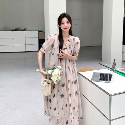 法式V领碎花泡泡袖高腰显瘦长裙