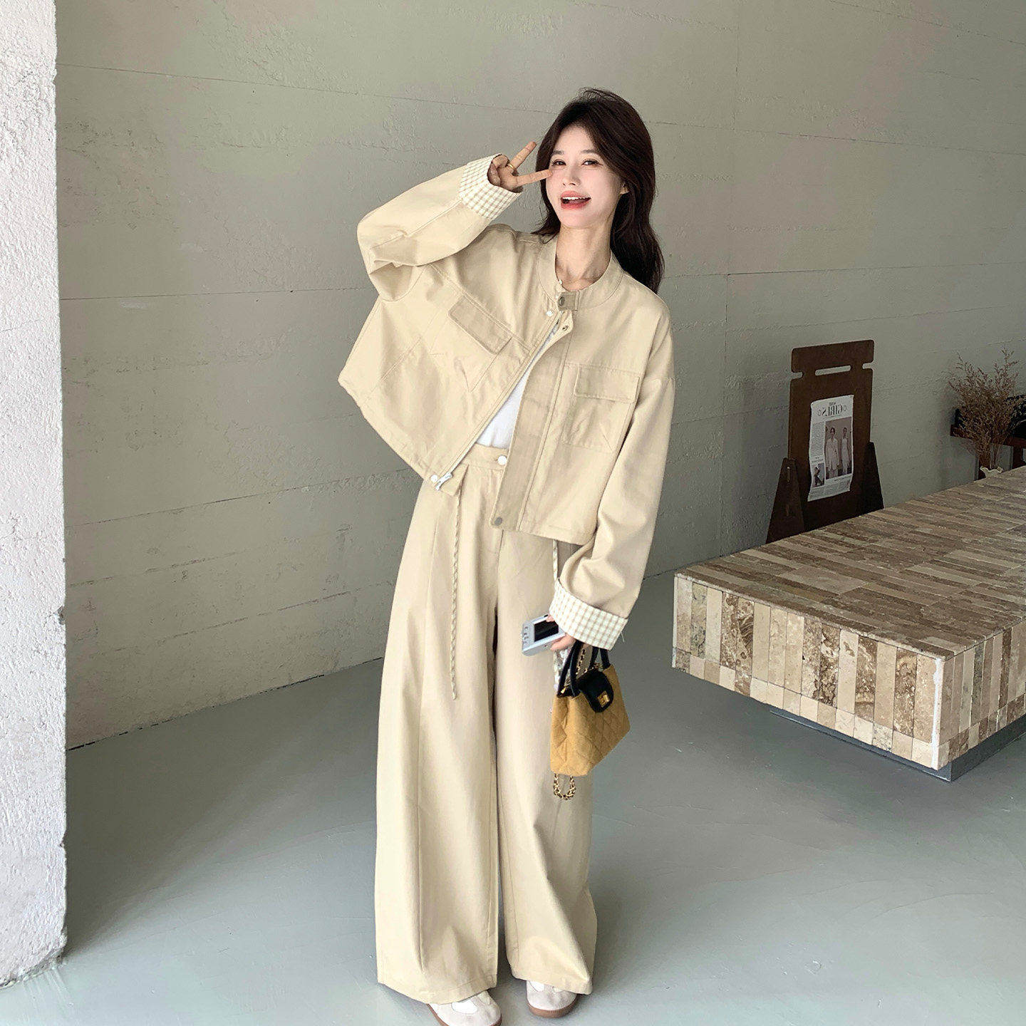 韩系chic松弛感套装女2026春季新款休闲格纹拼接外套阔腿裤两件套