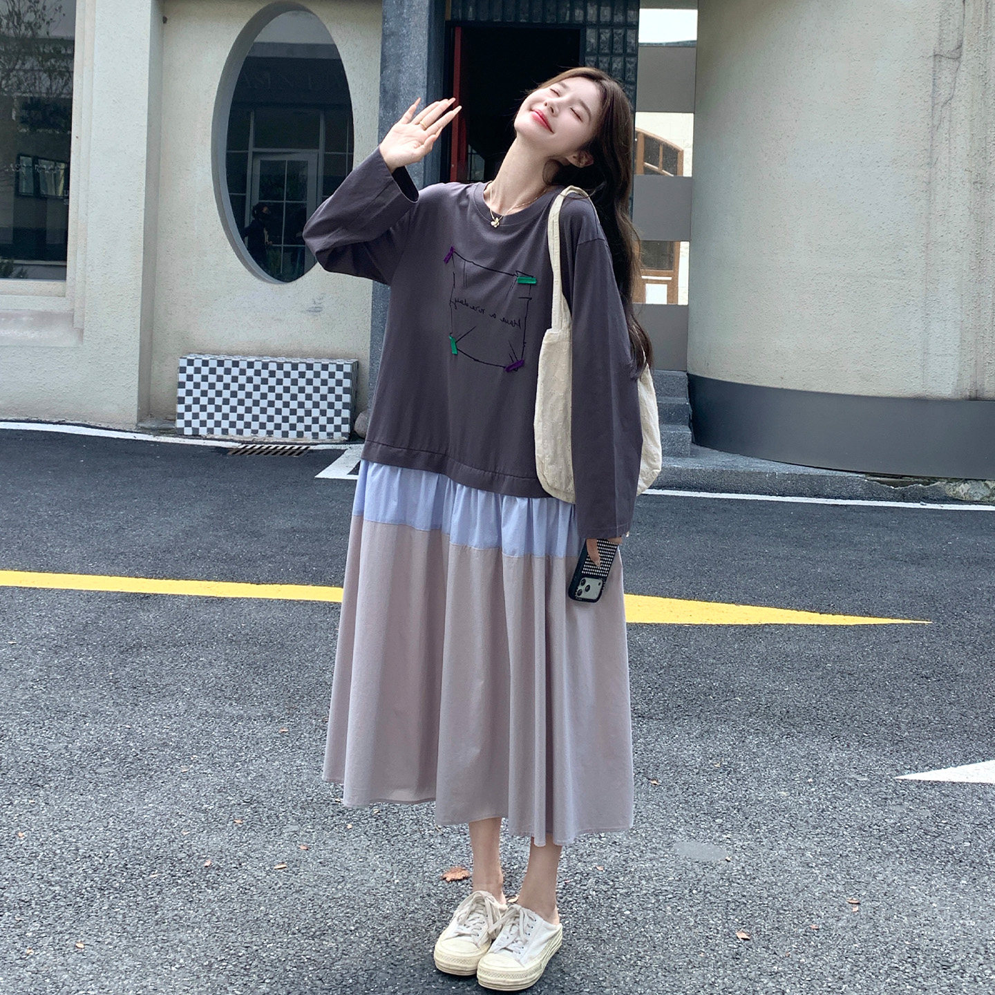 设计感印花假两件连衣裙女