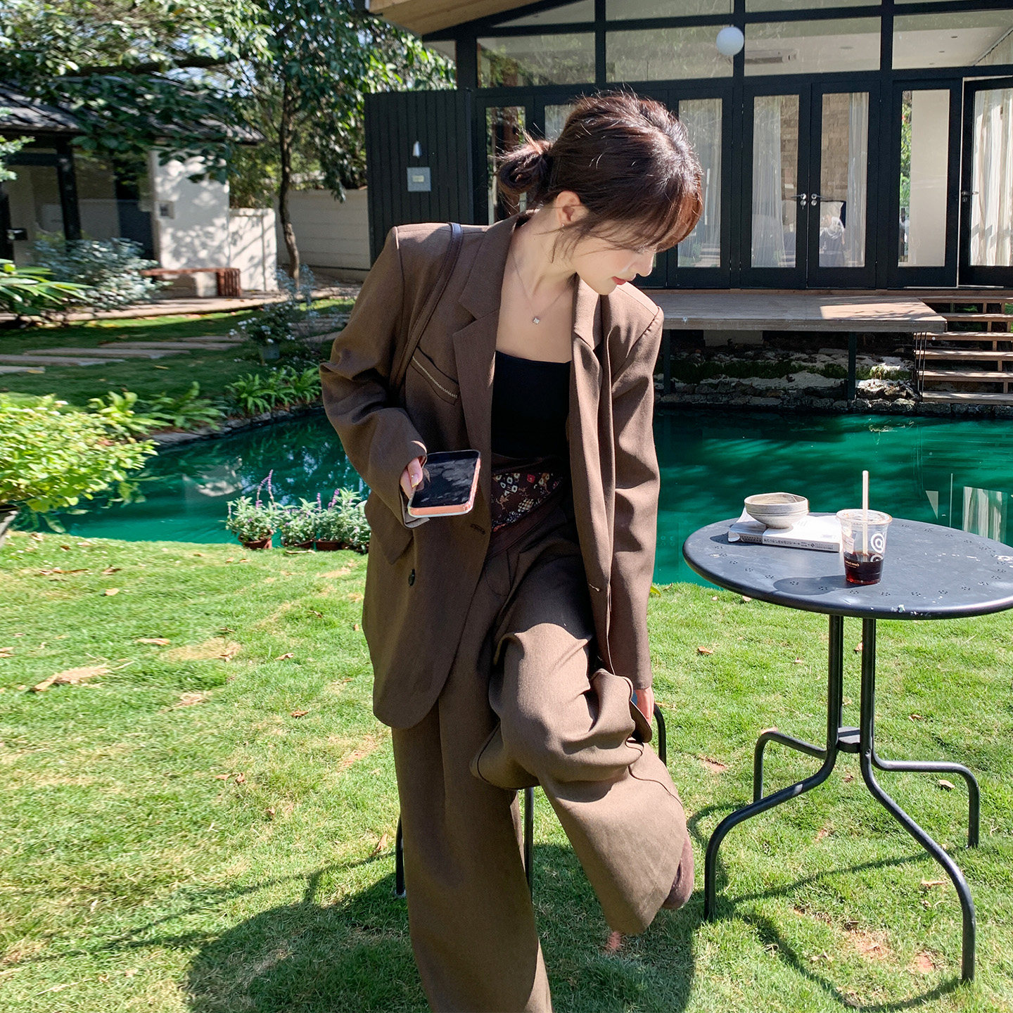 咖色复古老钱风气质西服套装女2026春韩系高级感西装阔腿裤两件套