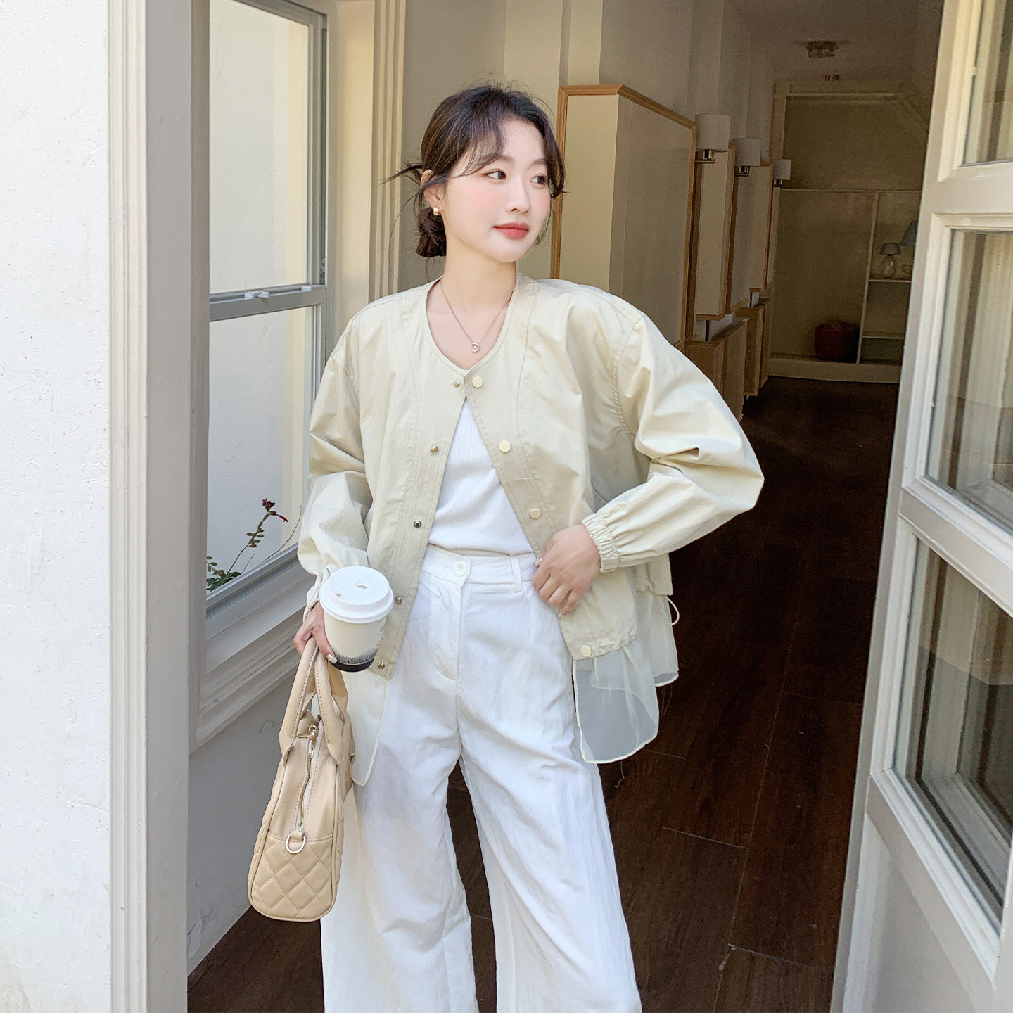 韩系甜美减龄小个子时尚外套女2026春新款设计感网纱拼接圆领上衣