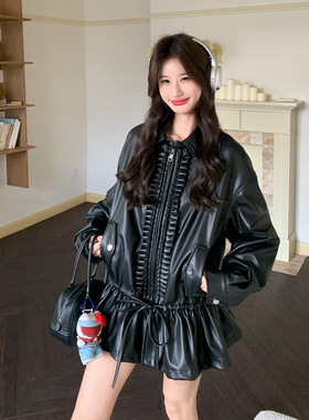 黑色韩系高级感花边拼接PU皮衣外套女2026春新款盐系轻熟抽绳上衣