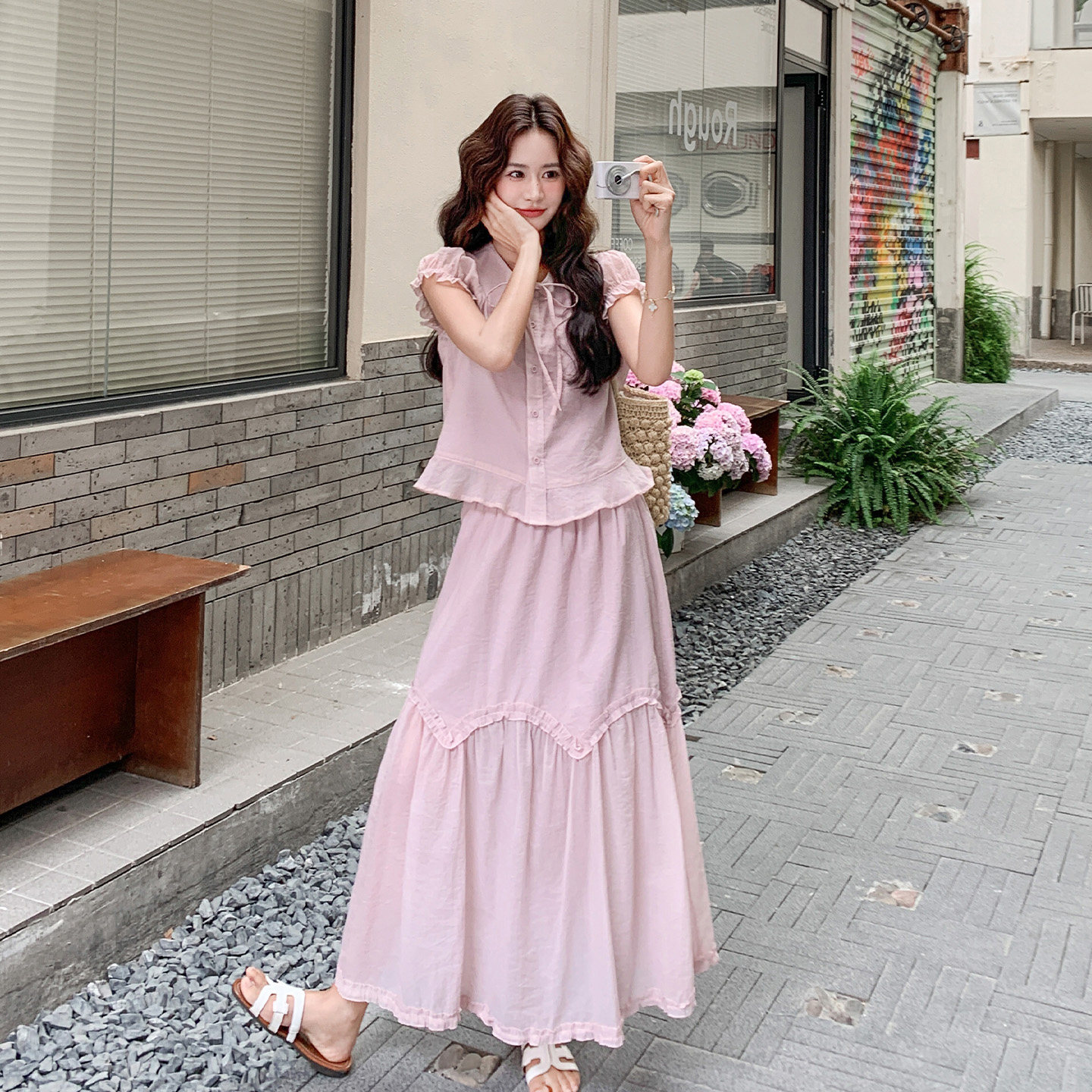淑女风泡泡袖娃娃衫蛋糕裙两件套
