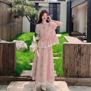 国风俏皮少女感蝴蝶刺绣套装2026新款蕾丝花边盘扣上衣半裙两件套