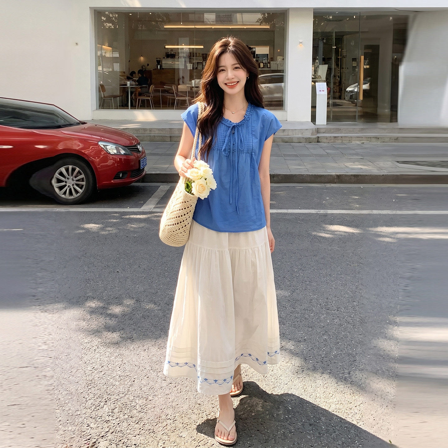 蓝色温柔韩系度假风套装女2026新款木耳边系带衬衫半身裙两件套夏
