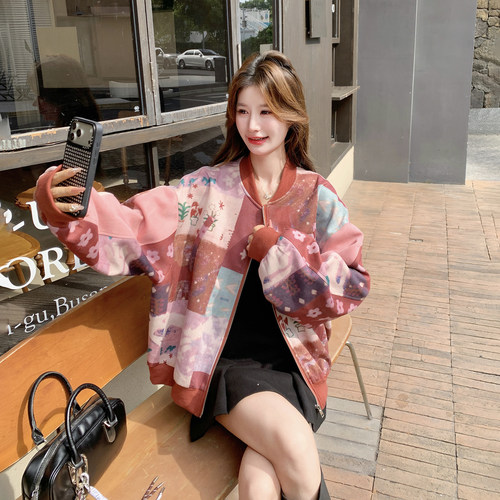 小个子俏皮减龄甜美风印花外套女2026新款韩式宽松显瘦气质棒球服