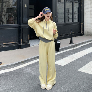 两件套 半拉链上衣高腰阔腿裤 韩系甜酷运动风卫衣套装 女2026春新款