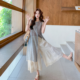 森系文艺范穿搭套装女2026夏季新款休闲碎花无袖长衫阔腿裤两件套