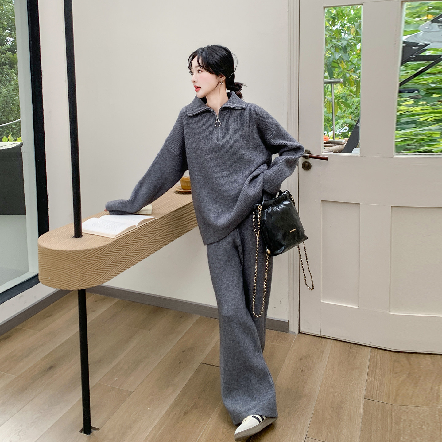 灰色慵懒风半拉链休闲卫衣套装女2026春韩系宽松显瘦阔腿裤两件套