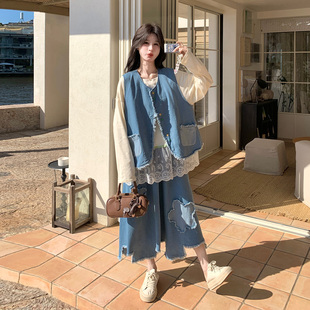 俏皮少女感牛仔三件套女2026春季新款毛边马甲蕾丝内搭半身裙套装