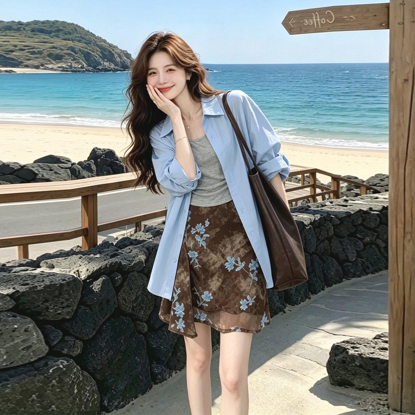 衬衫吊带印花半身裙三件套装