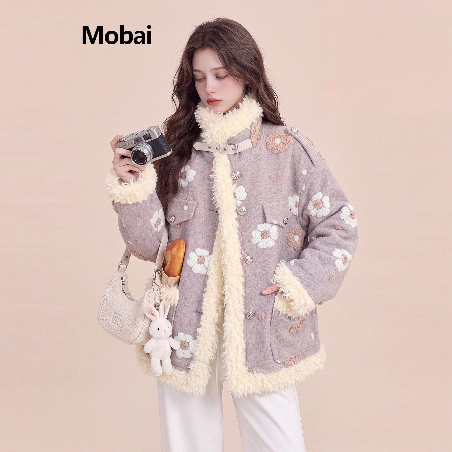 甜美减龄羊羔毛拼色加厚保暖棉服