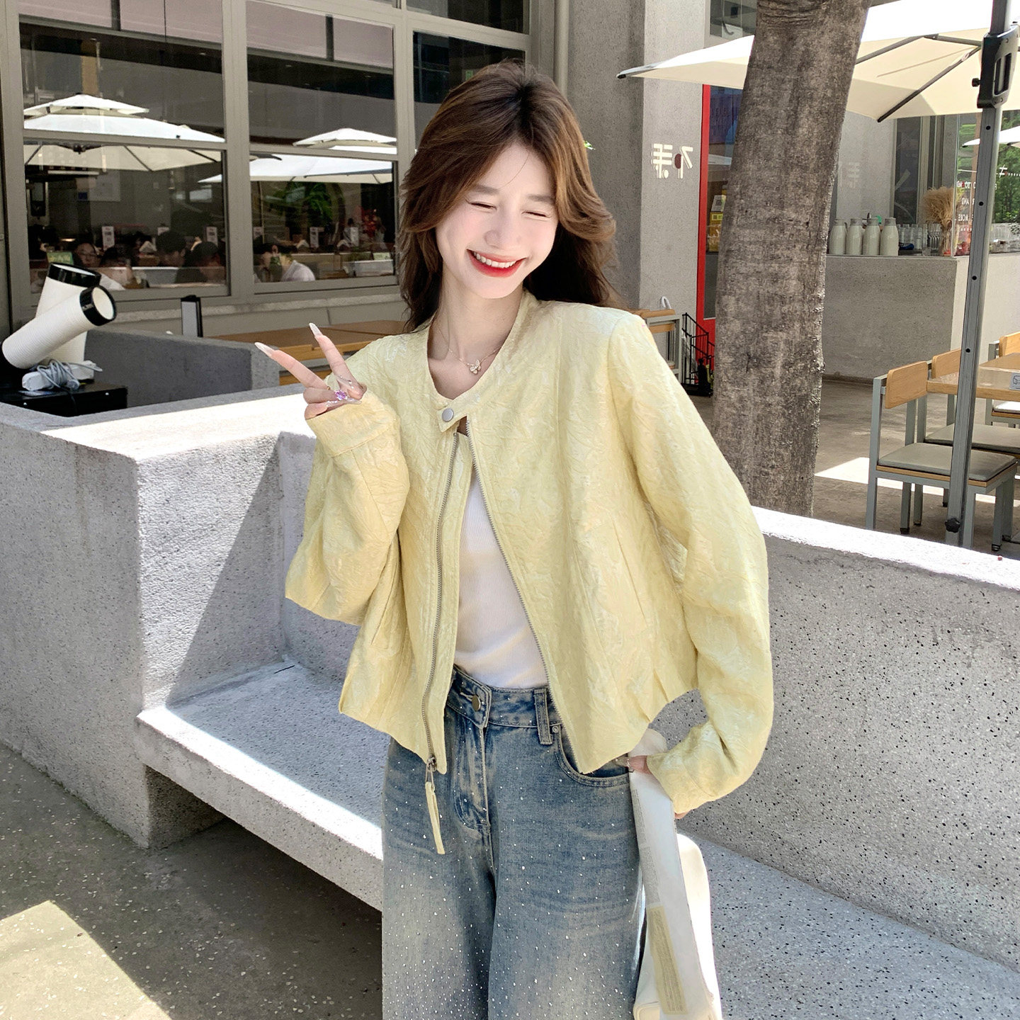 韩版黄色立领短外套女高级感时尚