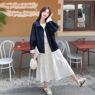 深蓝色韩版慵懒风条纹拼接牛仔外套女2026春新款巨好看松弛感上衣