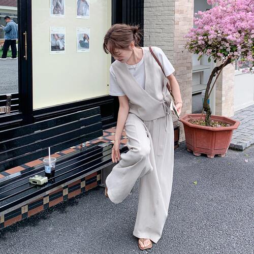 法式时尚设计感系带马甲套装女2026夏日短袖内搭高腰阔腿裤三件套