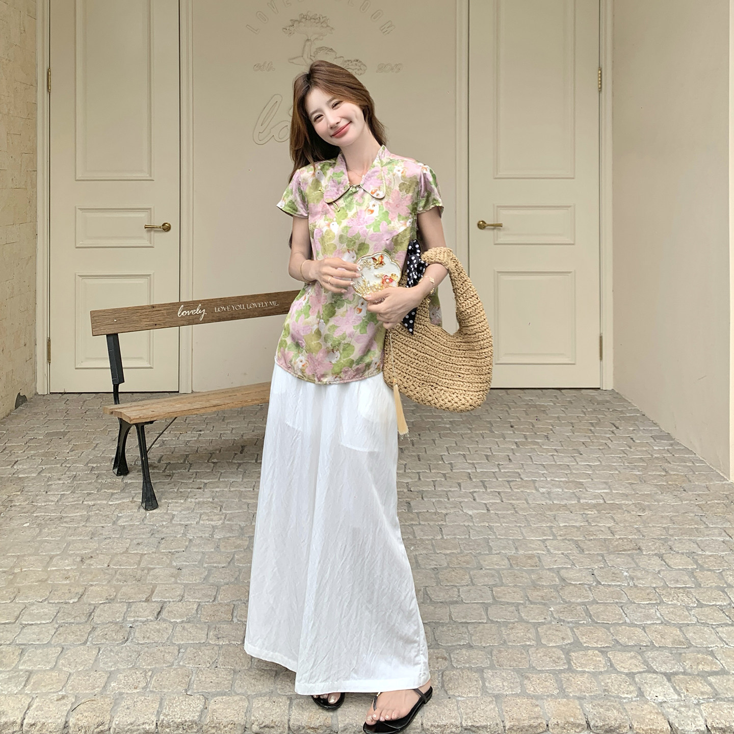 夏日清新明媚少女感国风套装夏拼色印花上衣阔腿裤两件套2026新款