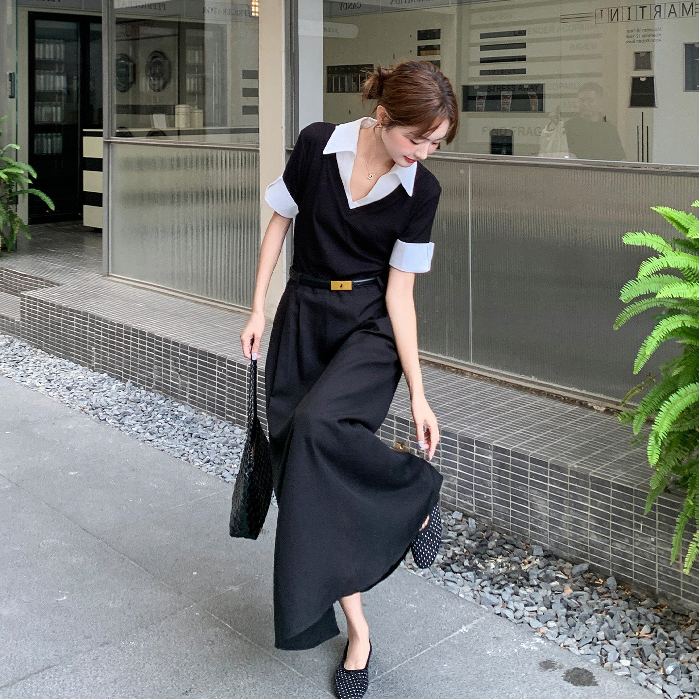 复古撞色假两件连衣裙女黑色