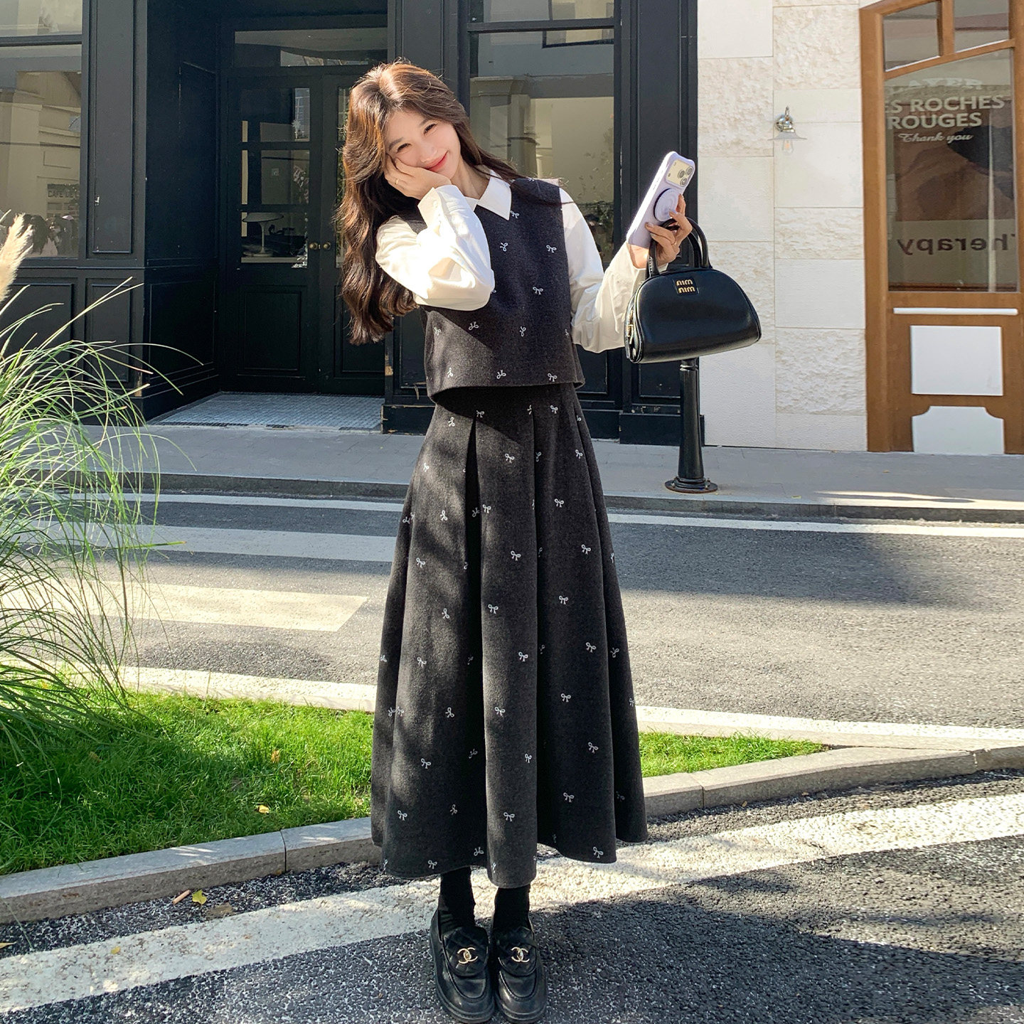 小香风蝴蝶结刺绣秋季三件套女