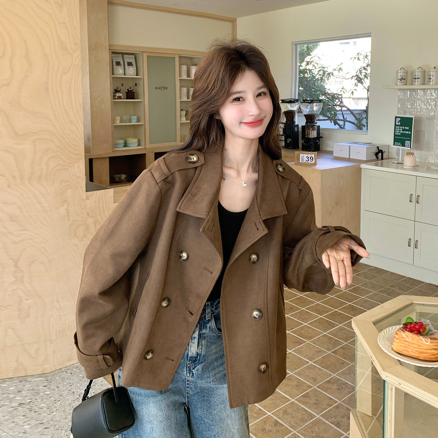 秋季韩系复古麂皮双排扣风衣女