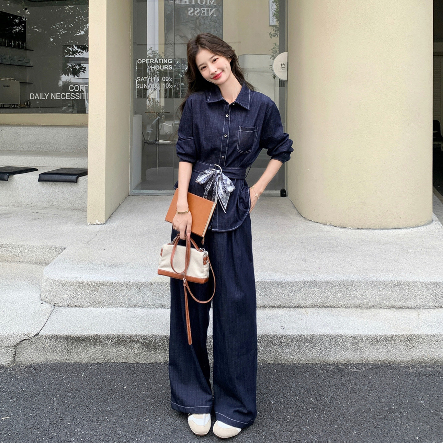春秋女高智感减龄牛仔阔腿裤套装