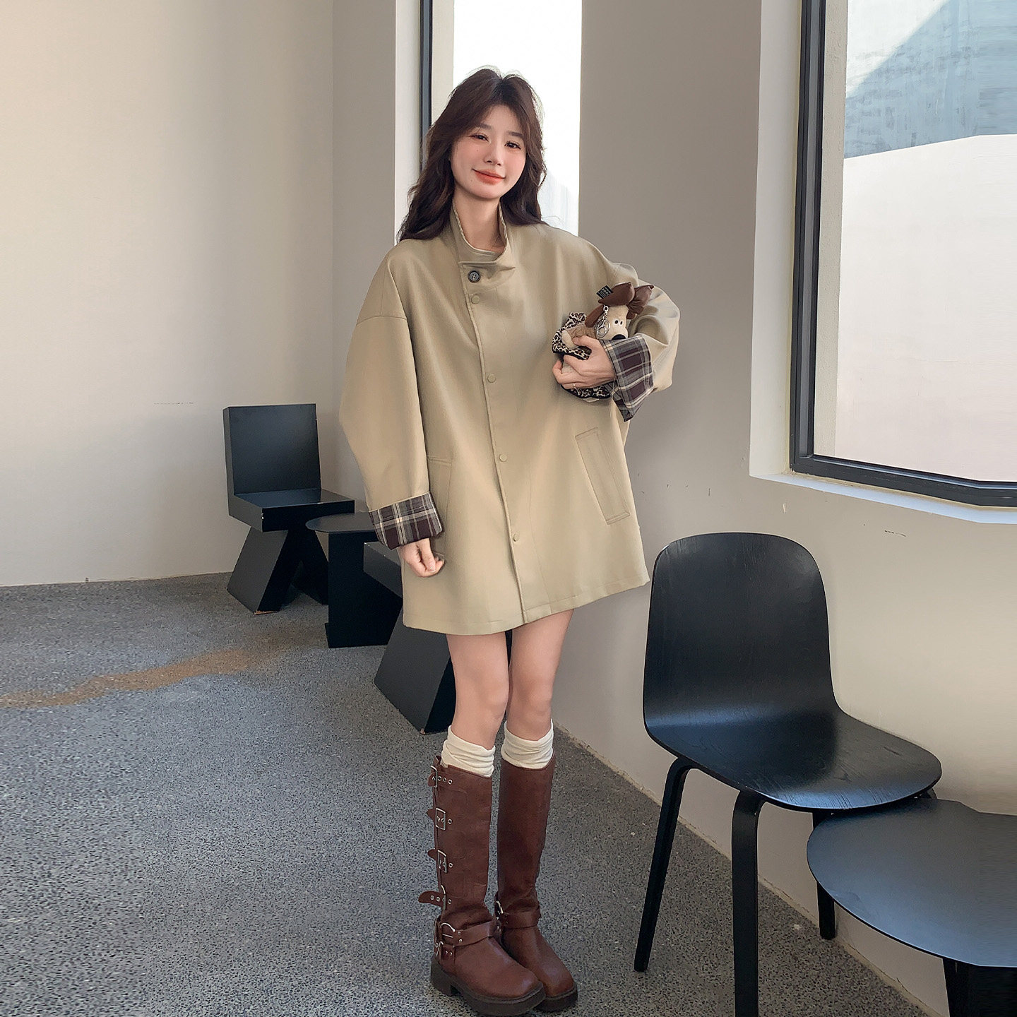 英伦卡其立领中长风衣女小个子