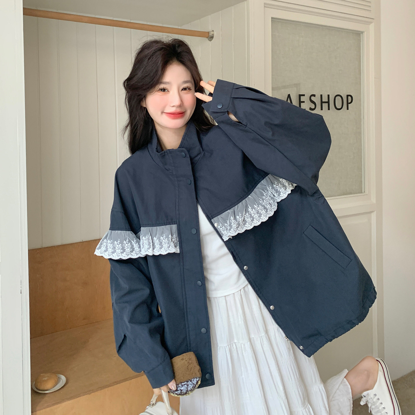韩系设计感蕾丝拼接立领短外套女2026春季小个子宽松休闲夹克上衣