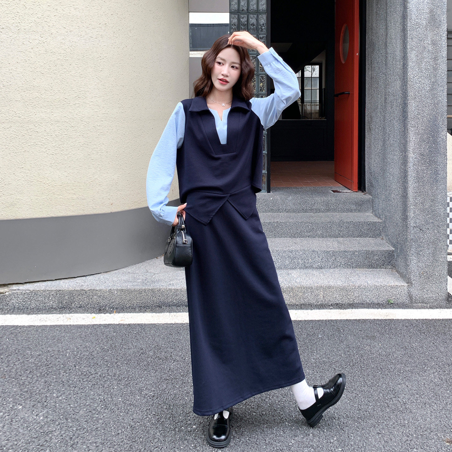 秋季韩系学院风假两件女两件套