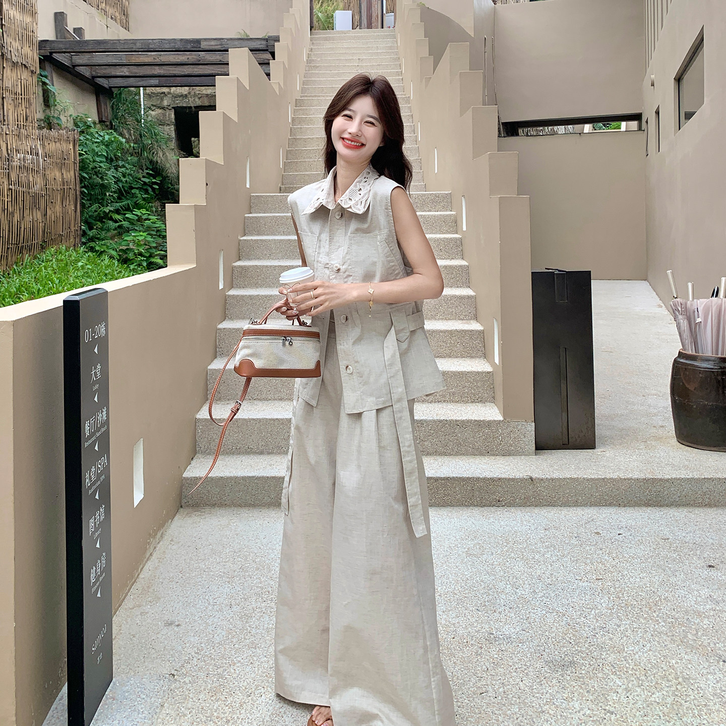 夏季韩系翻领收腰阔腿裤两件套