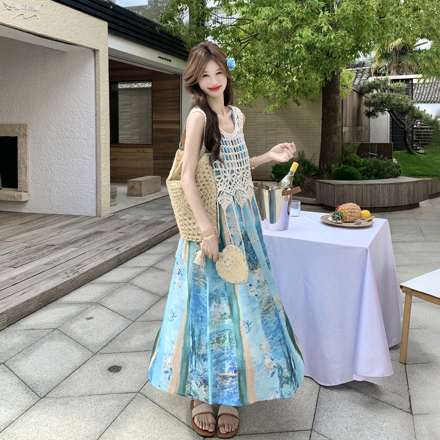 初夏海岛浪漫度假风晕染吊带连衣裙套装女2026新款镂空罩衫两件套
