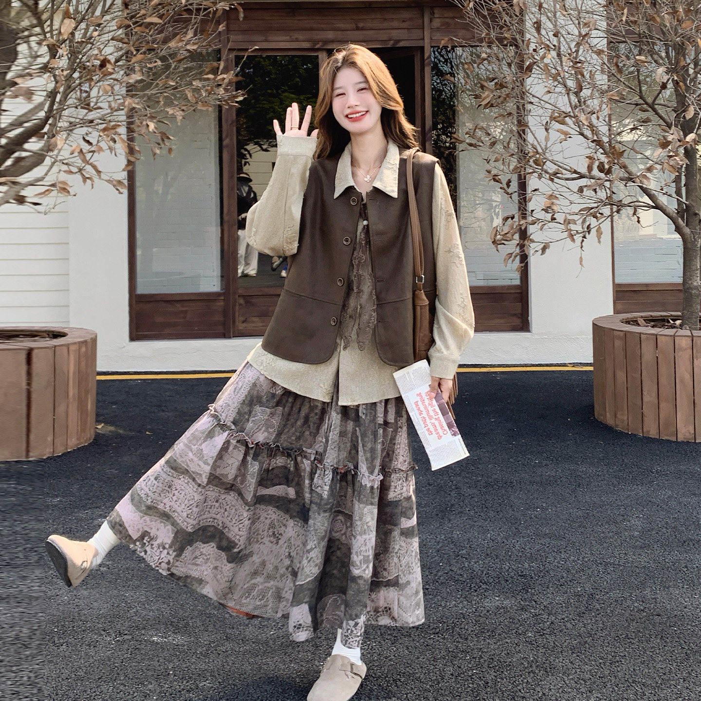 复古休闲风马甲半身裙套装女