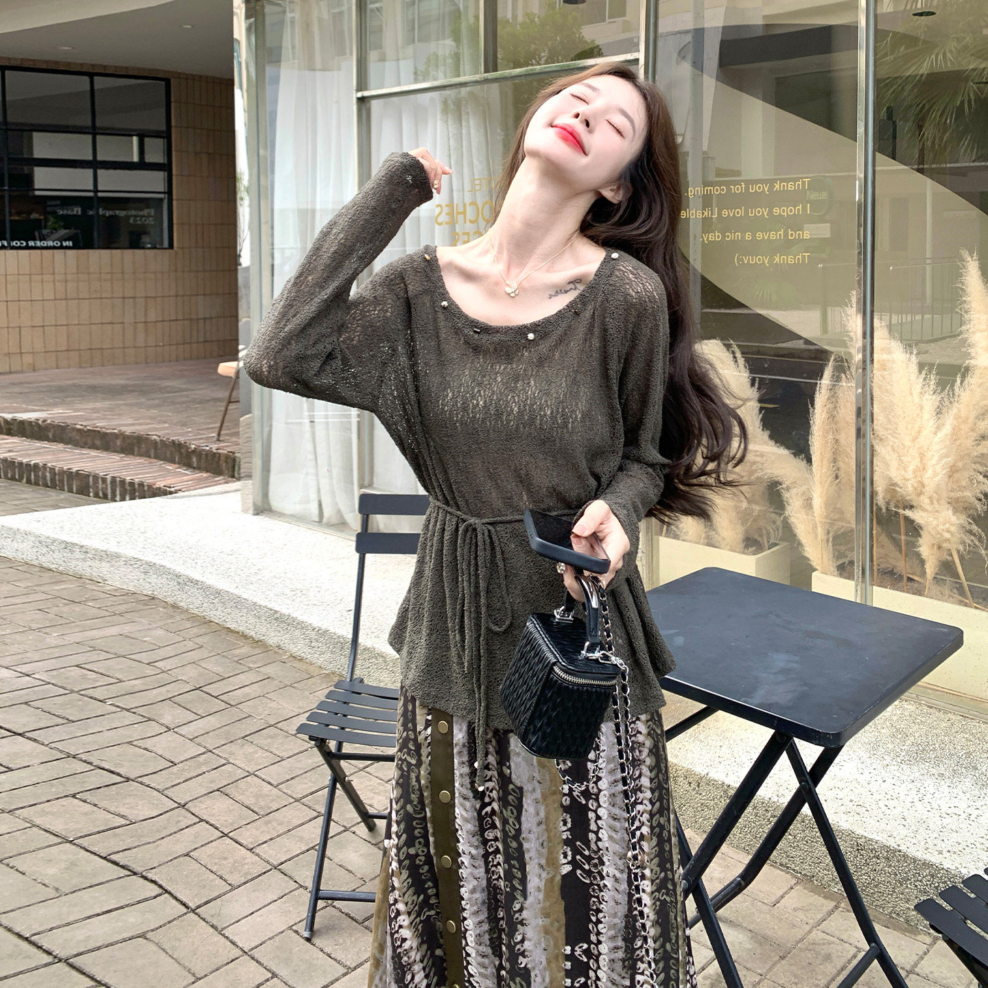 早秋系带开衫豹纹半身裙套装女