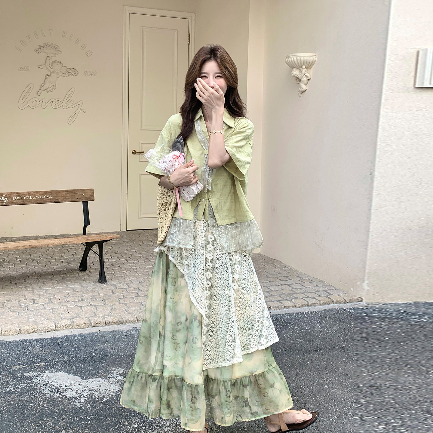 夏季森系法式甜美绿衬衫半裙套装