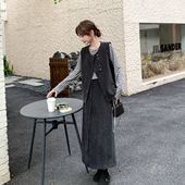 裙女2026春季 灰色法式 复古系带马甲套装 显瘦条纹T恤半身裙三件套