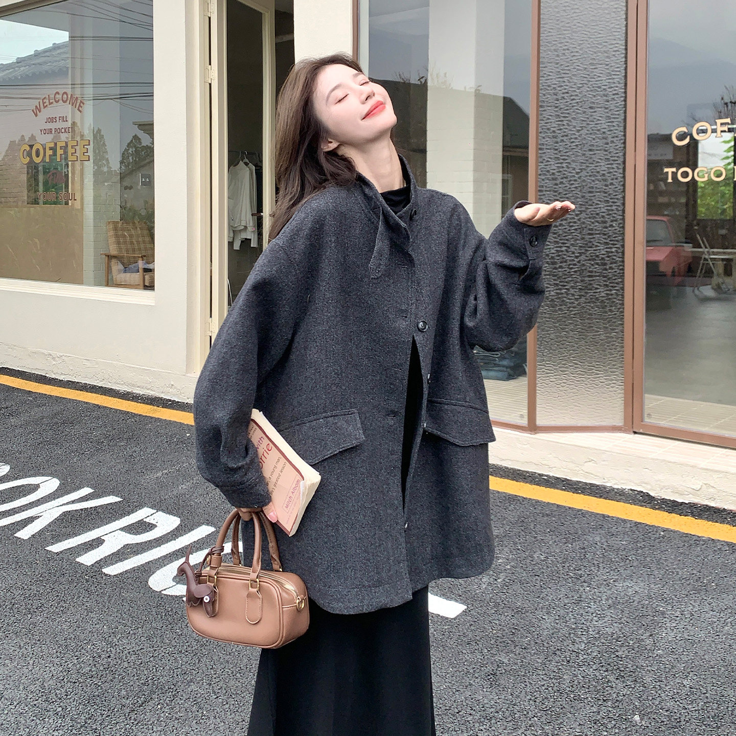 老钱风灰色中长款外套女