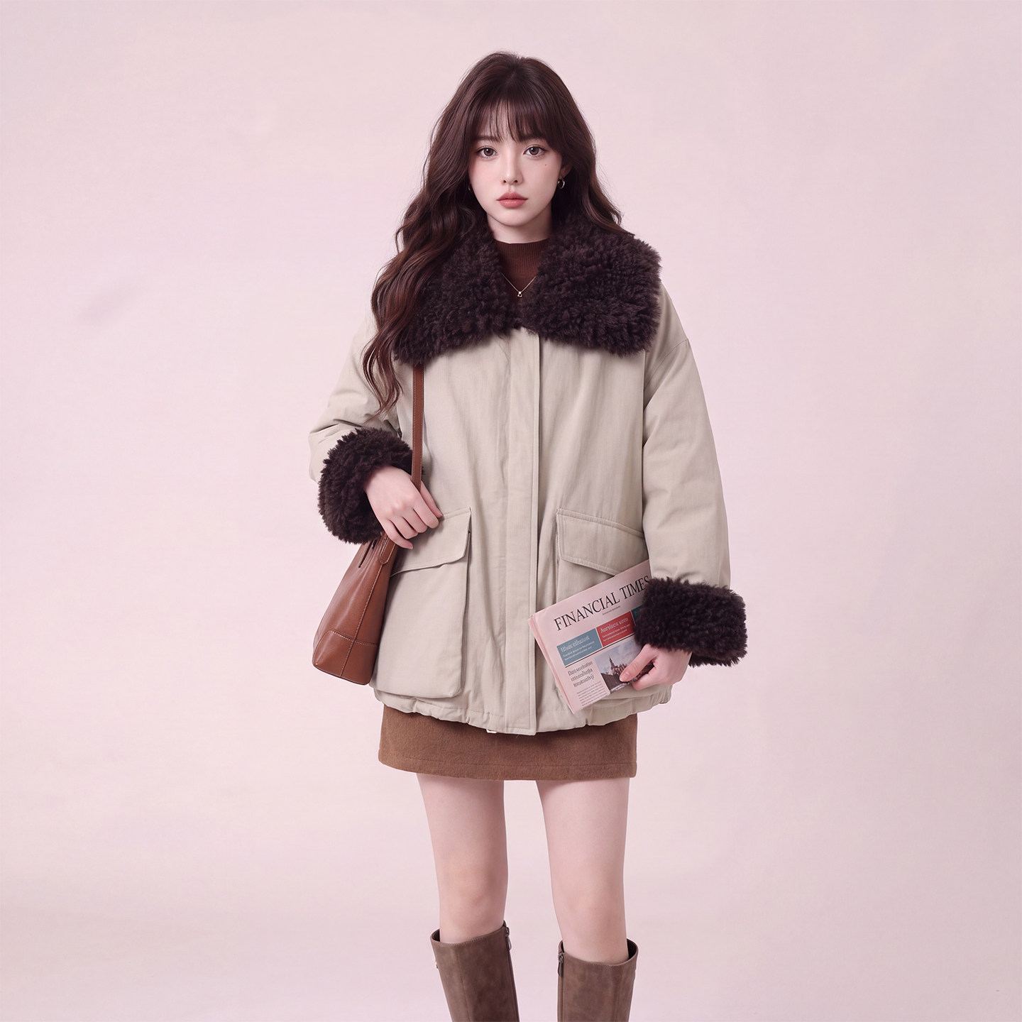 羊羔毛拼接显瘦女款羽绒服