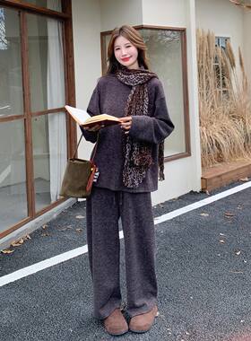初秋流行爆款韩系慵懒风套装女2026新款豹纹围巾上衣阔腿裤两件套
