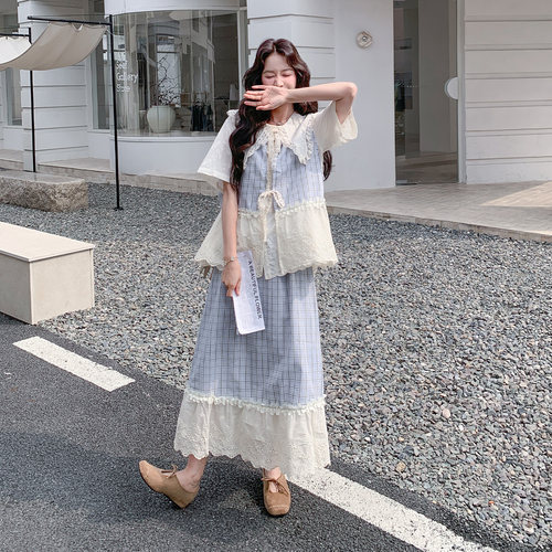春季学院风格子短袖半身裙套装女