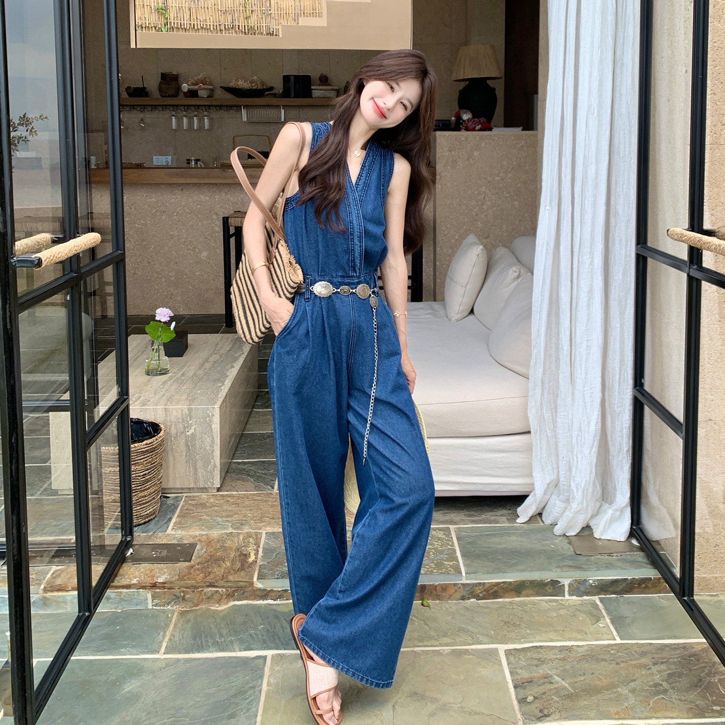 深蓝色韩系御姐风牛仔连体裤女2026初夏新款高级感休闲气质连身裤