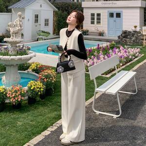 米白色高知淡人极简风套装女2026新款蕾丝拼接马甲阔腿裤两件套秋