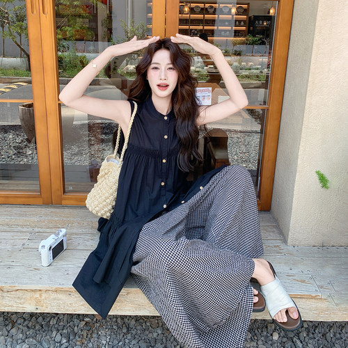 休闲复古文艺风套装女2026新款夏日立领无袖衬衫格纹阔腿裤两件套