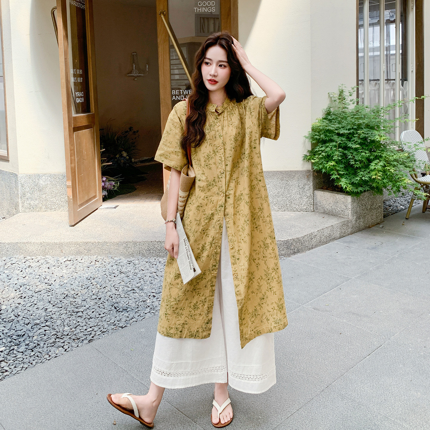 法式文艺慵懒风套装女2026初夏新款撞色印花短袖长衫阔腿裤两件套