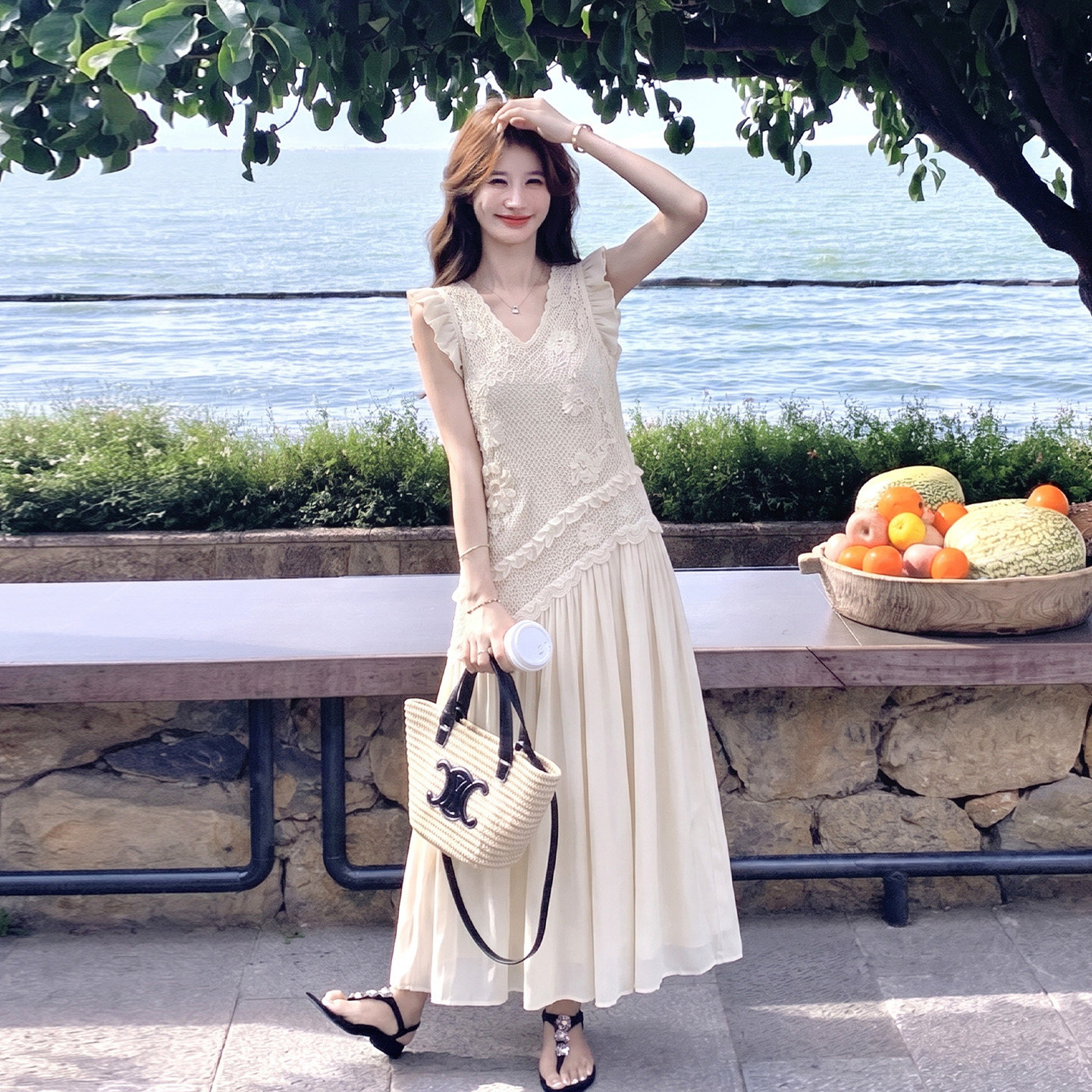 复古钩花无袖网纱拼接连衣裙女夏