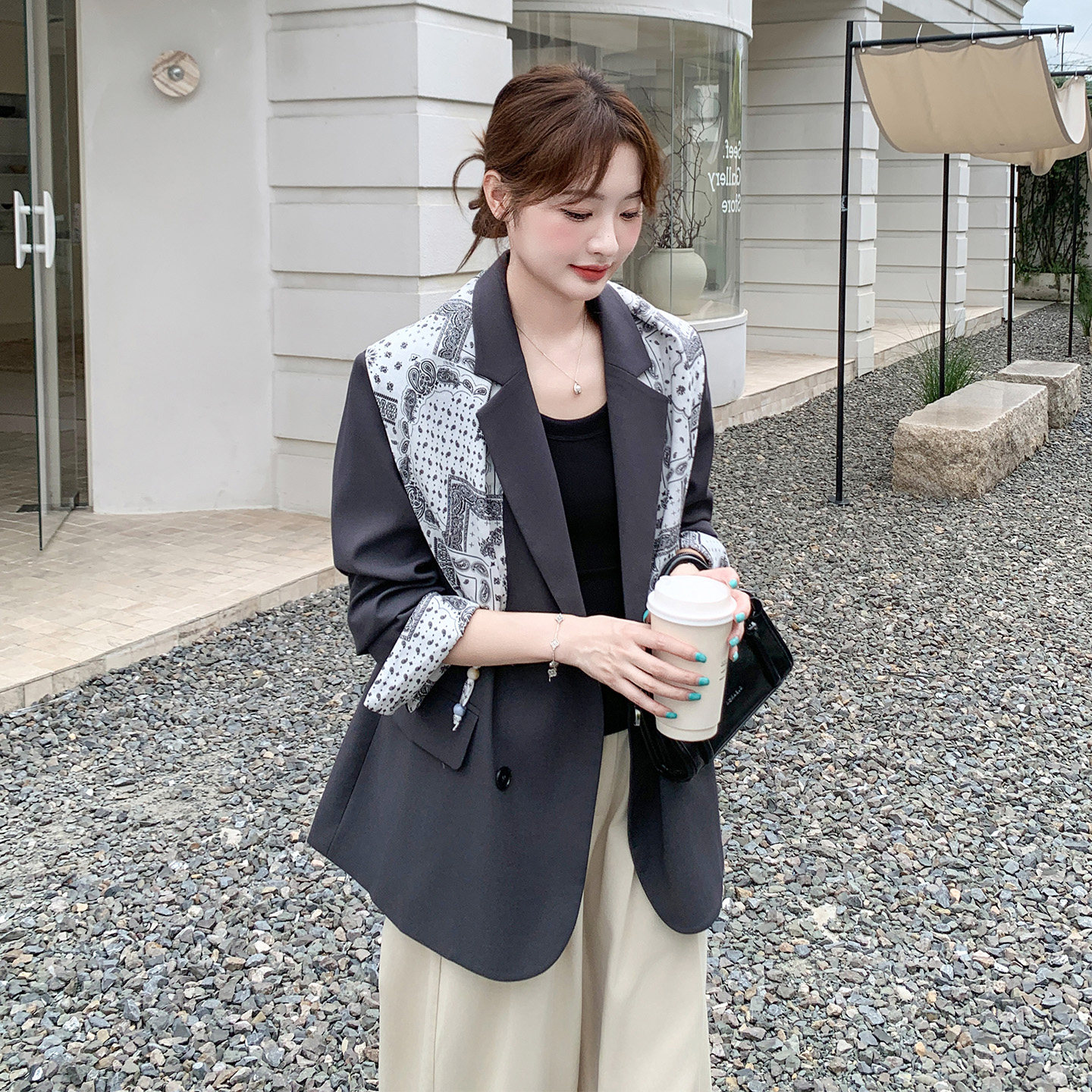 复古拼接印花西装外套女灰色