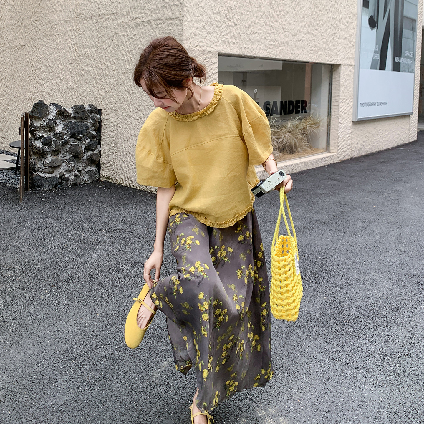 法式气质慵懒风套装女2026春新款木耳边拼接上衣印花半身裙两件套