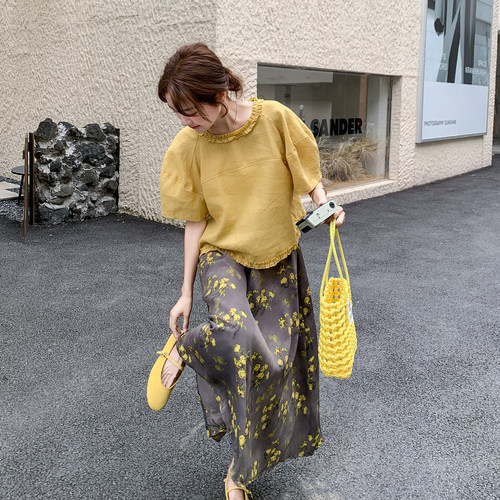 法式气质慵懒风套装女2026春新款木耳边拼接上衣印花半身裙两件套
